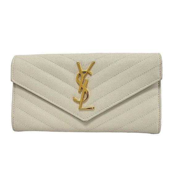 Auth SAINT LAURENT PARIS Monogram large flap wallet 372264 Cream Leather - Picture 1 of 5